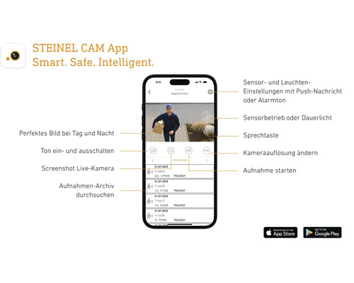 STEINEL CAM App-Oberfläche auf einem Smartphone mit verschiedenen Einstellungsoptionen