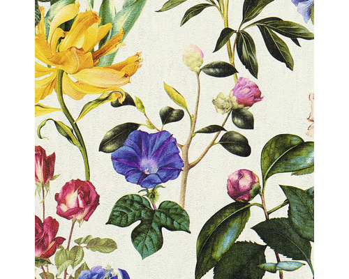 Blumentapete mit Rosen, Tulpen und Blattmuster