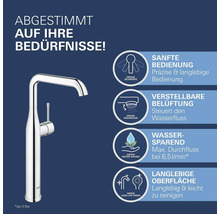 Küchenarmatur mit verschiedenen Produktmerkmalen: leichtgängige Bedienung, einstellbare Belüftung, Wassersparfunktion, langlebige Oberfläche