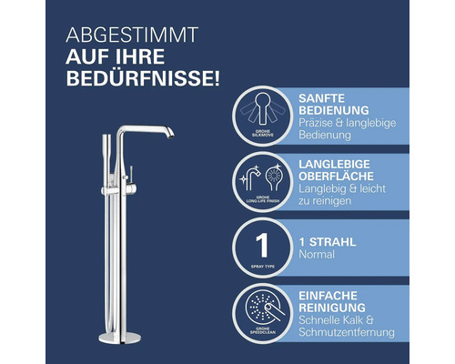 Freistehende Badewannenarmatur mit Eigenschaften wie sanfte Bedienung und einfacher Reinigung.