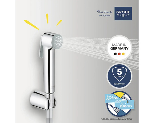 Grohe Bidet Dusche mit Wandhalterung und Wasseraustritt. Made in Germany. Fünf Jahre Garantie. Kleben oder Bohren.