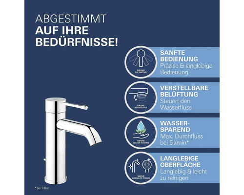 Armatur mit Merkmalen wie leichtgängiger Bedienung, einstellbarer Belüftung, Wassersparen und langlebiger Oberfläche.