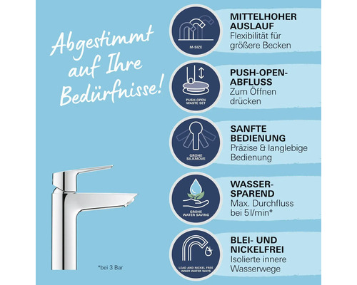 Produktbild einer Armatur mit hervorgehobenen Produkteigenschaften wie mittelhoher Auslauf, Push-Open-Abluss, sanfte Bedienung, Wassersparfunktion sowie Blei- und Nickelfreiheit