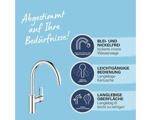 Produktbild einer Armatur mit Informationen zu blei- und nickelfreien Wasserwegen, leichtgängiger Bedienung und langlebiger Oberfläche