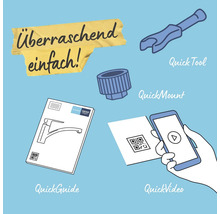 Illustration von QuickTool, QuickMount, QuickGuide und QuickVideo für eine einfache Installation