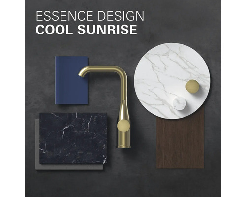 Robinet Essence Design Cool Sunrise avec échantillons de matériaux pour aménagement de salle de bains