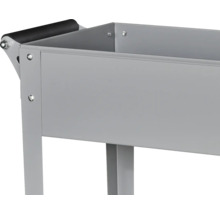 Detailansicht eines grauen Transportwagens aus Metall mit einem schwarzen Griff.