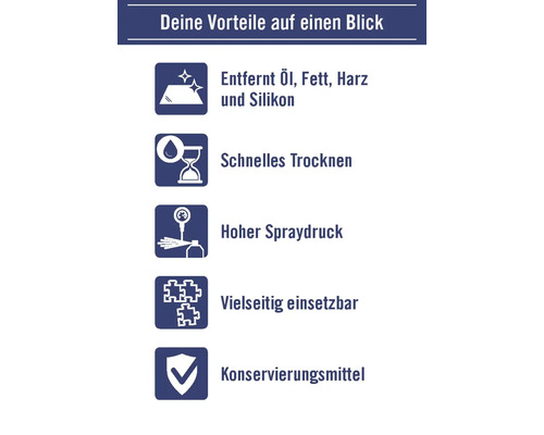 Produktvorteile im Überblick: Entfernt Öl, Fett, Harz und Silikon, schnelles Trocknen, hoher Spraydruck, vielseitig einsetzbar, Konservierungsmittel