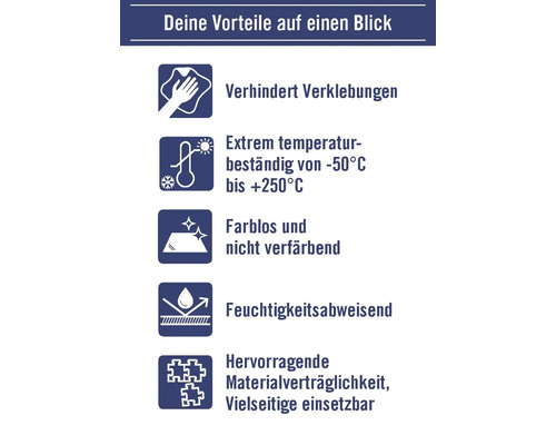 Vorteile: Verhindert Verklebungen, temperaturbeständig von minus 50 Grad bis plus 250 Grad, farblos, feuchtigkeitsabweisend, hervorragende Materialverträglichkeit, vielseitig einsetzbar