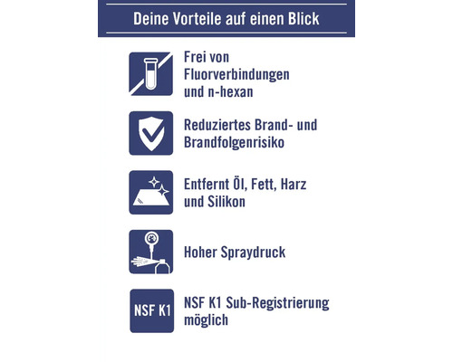 Produktvorteile: Frei von Fluorverbindungen und n-Hexan, reduziert Brandrisiken, entfernt Öl, Fett, Harz und Silikon, hoher Sprühdruck, NSF K1 Sub-Registrierung möglich