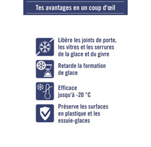 Aperçu des avantages du produit : Dégivre les joints de porte, les vitres et les serrures, retarde la formation de glace, efficace jusqu’à moins 20 degrés, protège les surfaces en plastique et les essuie-glaces