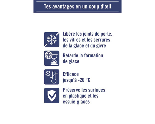 Aperçu des avantages du produit : Dégivre les joints de porte, les vitres et les serrures, retarde la formation de glace, efficace jusqu’à moins 20 degrés, protège les surfaces en plastique et les essuie-glaces