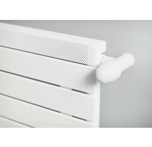 Vue détaillée d'un radiateur blanc avec thermostat et couvercle.