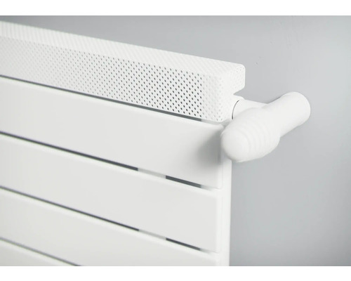 Vue détaillée d'un radiateur blanc avec thermostat et couvercle.