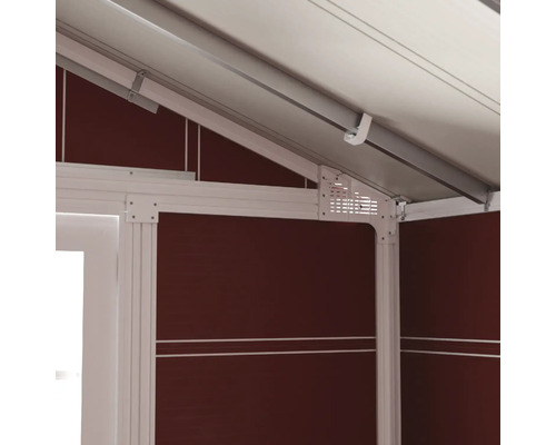 Vue détaillée d'un abri de jardin avec cadre en aluminium et éléments muraux