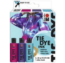 Marabu Tie Dye Ink Set avec trois couleurs et des élastiques