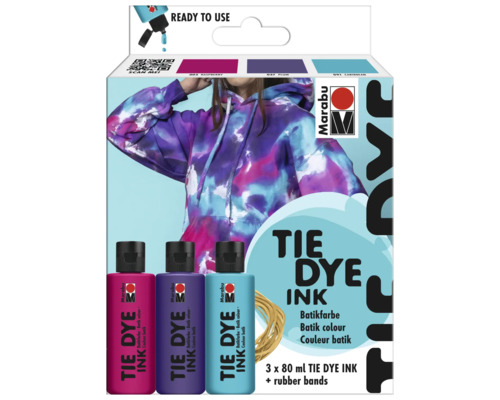 Marabu Tie Dye Ink Set avec trois couleurs et des élastiques