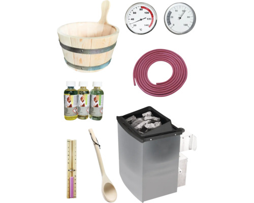 Ensemble d'accessoires pour sauna avec seau en bois, thermomètre, hygromètre, parfums, tuyau, louche et poêle de sauna avec pierres