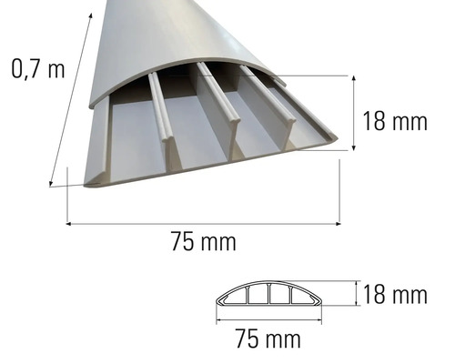 Goulotte de câblage avec des dimensions de 0,7 mètre de longueur, 75 millimètres de largeur et 18 millimètres de hauteur.