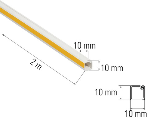 Chemin de câbles de deux mètres de long, mesurant dix millimètres sur dix millimètres.