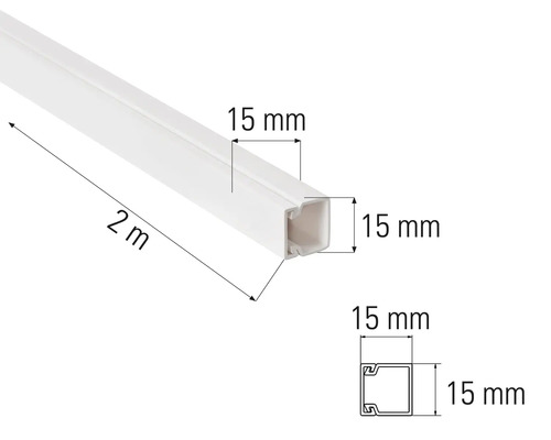Goulotte de câbles, longueur 2 mètres, dimensions 15 x 15 millimètres