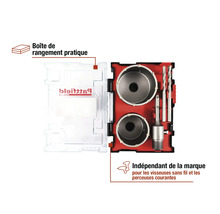 Jeu de scies cloches avec deux têtes de forage, deux forets et adaptateur de forage dans une boîte en plastique