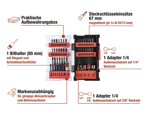 Bitset mit Bithalter, Steckschlüsseleinsätzen und Adapter in Aufbewahrungsbox