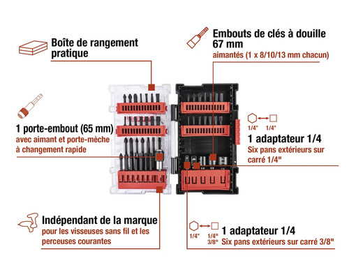 Jeu d’embouts avec embouts magnétiques et adaptateurs dans une boîte de rangement