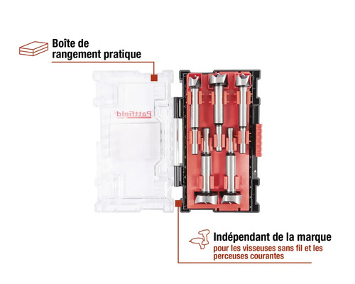 Jeu de forets Forstner de différentes tailles dans une boîte de rangement