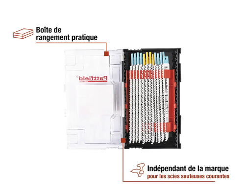 Assortiment de lames de scie sauteuse dans une boîte de rangement transparente