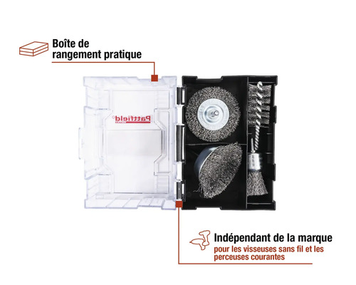 Jeu de brosses métalliques avec boîte de rangement pour perceuses