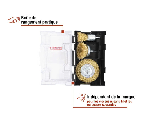 Jeu de brosses métalliques dans une boîte de rangement pour perceuses