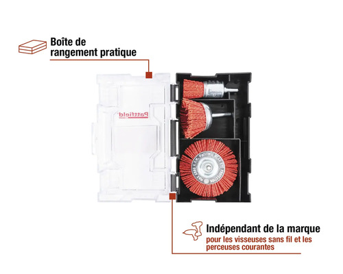 Jeu de brosses métalliques dans une boîte de rangement pour perceuse