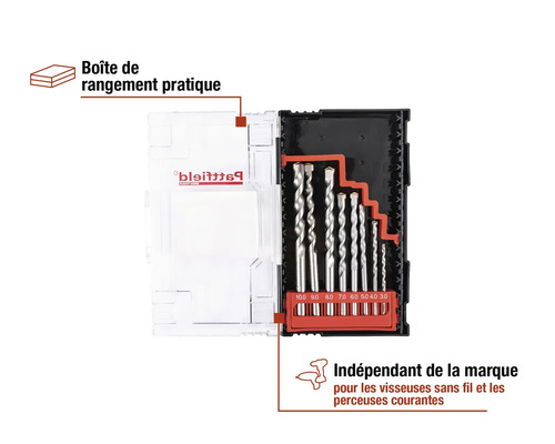 Jeu de forets avec différents forets à métaux dans une boîte de rangement transparente