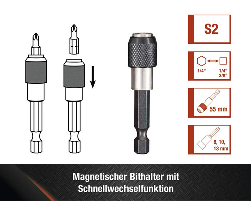 Magnetischer Bithalter mit Schnellwechselfunktion, S2 Stahl, 1/4 Zoll, 3/8 Zoll, Länge 55 mm