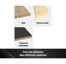 Image de différents matériaux en bois : planche de bois, poutre en bois et plaque de sérigraphie.