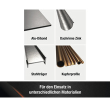 Materialübersicht: Aluminiumverbundplatte, Zinkdachrinne, Stahlträger, Kupferprofile