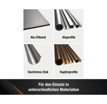 Übersicht verschiedener Metallprodukte: Aluminiumverbundplatten, Aluminiumprofile, Zinkdachrinnen, Kupferprofile
