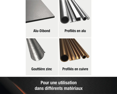 Panneau composite en aluminium, profilés en aluminium, gouttière en zinc et profilés en cuivre présentés.
