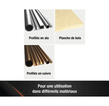 Aperçu des produits en différents matériaux : profilés en aluminium, planche en bois et profilés en cuivre.