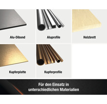 Auswahl an Materialien: Alu-Dibond, Aluprofile, Holzbrett, Kupferplatte, Kupferprofile
