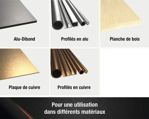 Présentation de produits en différents matériaux : panneau composite aluminium, profilés en aluminium, planche en bois, plaque de cuivre et profilés en cuivre.
