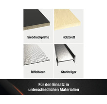 Produktübersicht verschiedener Materialien: Siebdruckplatte, Holzbrett, Riffelblech, Stahlträger