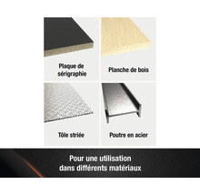 Présentation de plaque de sérigraphie, planche de bois, tôle striée et poutre en acier pour différents matériaux.