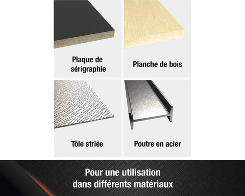 Présentation de plaque de sérigraphie, planche de bois, tôle striée et poutre en acier pour différents matériaux.
