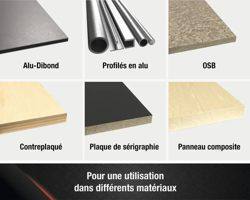 Aperçu de différents matériaux : panneaux composites en aluminium, profilés en aluminium, panneaux OSB, panneaux contreplaqués, panneaux de sérigraphie, panneaux composites