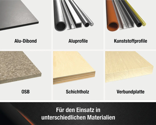 Produktübersicht verschiedener Materialien: Alu-Dibond Platte, Aluminiumprofile, Kunststoffprofile, OSB-Platte, Schichtholz und Verbundplatte