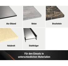Produktbild verschiedener Materialien: Aluminiumverbundplatte, Beton, Bruchstein, Holzbrett, Stahlträger
