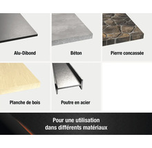 Illustration de divers matériaux de construction : panneau composite aluminium, béton, pierre concassée, planche en bois, poutre en acier