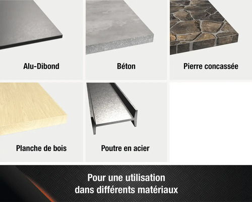Illustration de divers matériaux de construction : panneau composite aluminium, béton, pierre concassée, planche en bois, poutre en acier